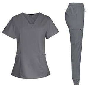 Niaahinn Women's Scrub Set Modern V-neck Top & Tapered Jogger Pants Gray Sz. M
